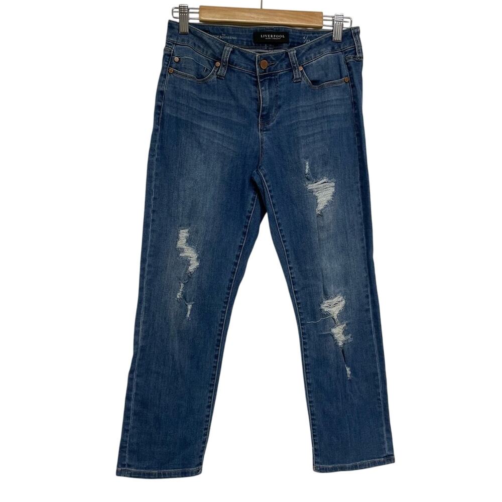 Liverpool Blue Medium Wash Distressed Boyfriend Crop Jeans Womens 4 Blue Ankle
